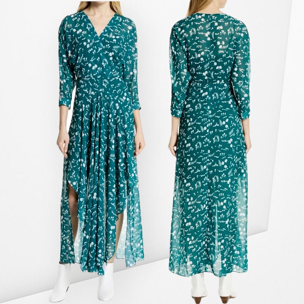 MAJE Green Floral Midi Dress Surplice Neck Wedding Cocktail Cottagecore Boho